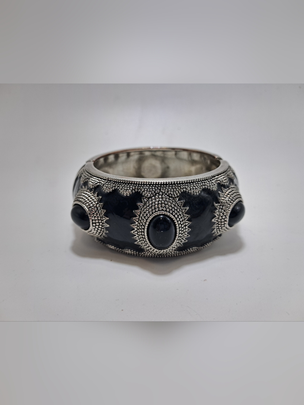Black Stone Silver-Tone Accent Hinge Bangle Bracelet - Picture 3 of 5